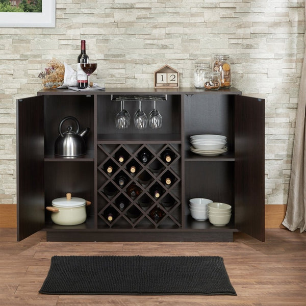 English Elm Espresso Finish Wine Cabinet with Stemware Rack Bottle Storage for Home Bar B062P215513