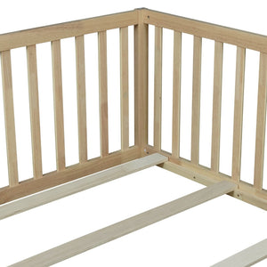 English Elm Twin Montessori Floor Bed Solid Rubber Wood with Safety Fence Rails Toddler Room W504P411200