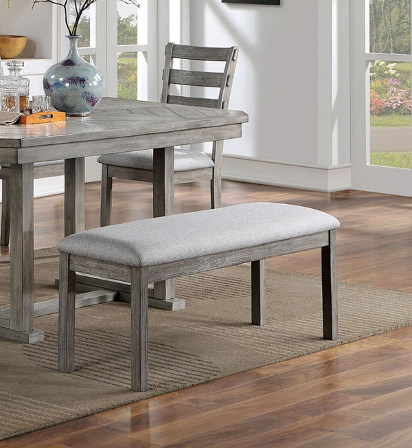 English Elm Dining Table Set With 4 Chairs & Bench - Rustic Grey Finish, Cozy Fabric Seats For Family Meals B011S01474