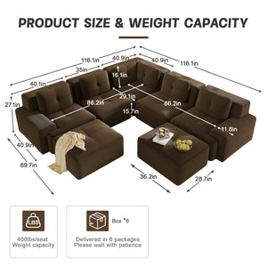 English Elm Modular Corduroy Sectional Sofa V Shaped 5 Seat Living Room Couch with Ottoman Brown W714S01577
