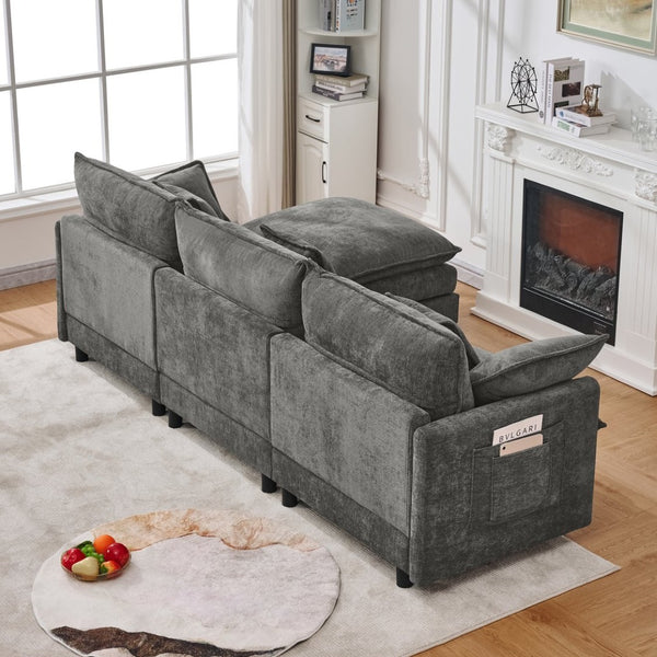 English Elm 101.9-inch Chenille Modular Sofa with Movable Footstool for Living Room Comfort W288S00033