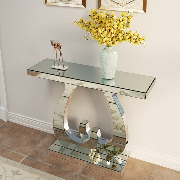 English Elm Modern Mirrored Console Table with Silver Double C Base for Entryway or Sofa W3836P382513