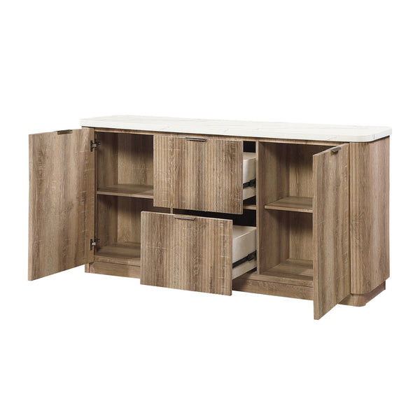 English Elm Donnie Natural Wood Storage Buffet with Marble-Look Top, Farmhouse Cabinet & Drawer Organizer - Rustic Elegance B201P405696