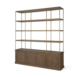 Mercana Baron 4-Door Open Shelving Unit in Solid Mango Wood with Industrial Flair for Modern Spaces Dark Brown | Antiqued Brass | 4 Doors 71114-AB