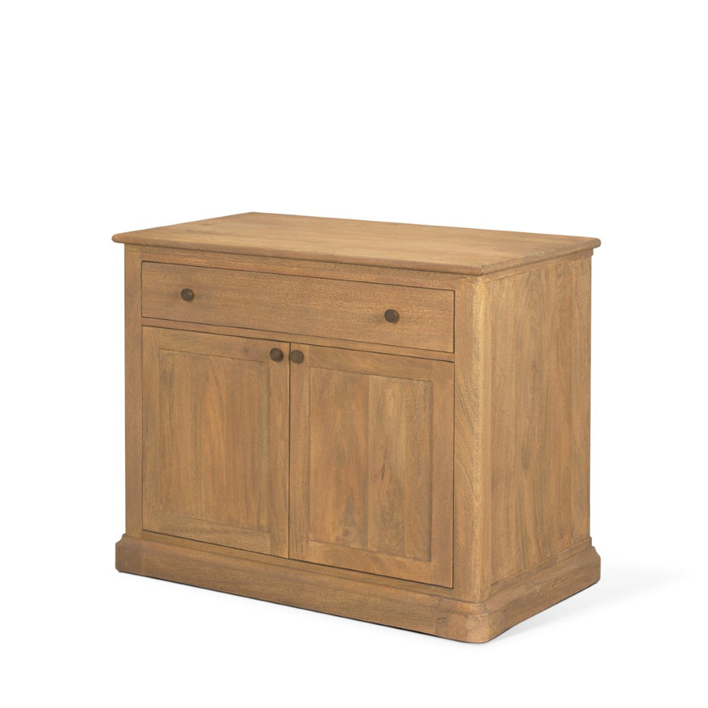 Mercana Baron Solid Mango Wood 2-Door Accent Cabinet with Antique Knobs and Soft-Close Doors for Storage Light Brown | Dark Aged Brass 71121