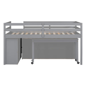 English Elm Twin Loft Bed Pinewood Frame Four Drawers Retractable Study Desk Kids Bedroom Gray LT000368AAE