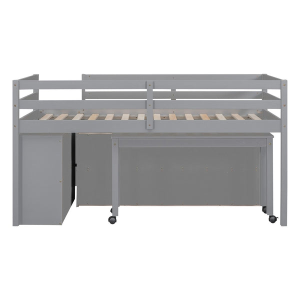 English Elm Twin Loft Bed Pinewood Frame Four Drawers Retractable Study Desk Kids Bedroom Gray LT000368AAE