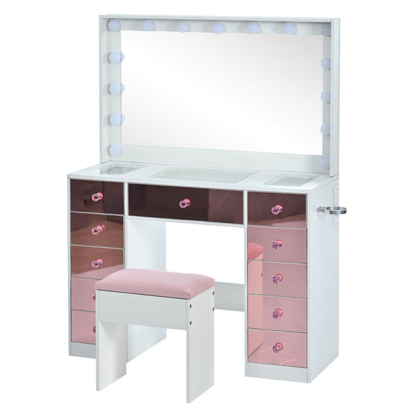 English Elm Makeup Vanity Desk Set with Hollywood Led Mirror Cushioned Stool and Crystal Drawer Pulls N704P340230K