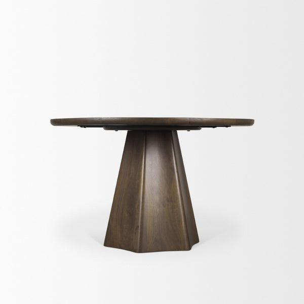 Mercana Jovani Elegant Round Dining Table in Solid Mango Wood with Sculptural Pedestal for Stunning Spaces 48" Dk Brown Wood Top | Dk Brown Wood Base 71104-AB