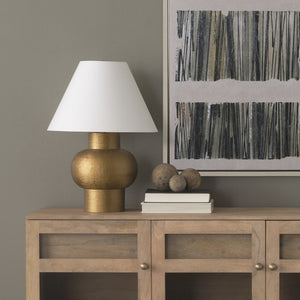 Mercana Salaah Elegant Antique Gold Table Lamp with Cream Shade - Artisanal Texture & Ambient Lighting Gold Metal | Cream Shade 70747