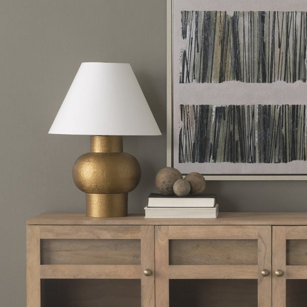 Mercana Salaah Elegant Antique Gold Table Lamp with Cream Shade - Artisanal Texture & Ambient Lighting Gold Metal | Cream Shade 70747