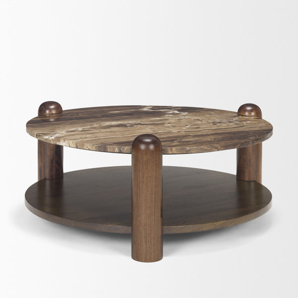 Mercana Jovia Round Coffee Table with Mango Wood Base and Unique Marble Top for Stylish Living Spaces 71122-AB