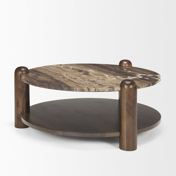 Mercana Jovia Round Coffee Table with Mango Wood Base and Unique Marble Top for Stylish Living Spaces 71122-AB