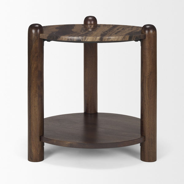 Mercana Jovia Elegant Mango Wood Round Side Table with Unique Marble Top for Living Room or Bedroom Decor 71123-AB