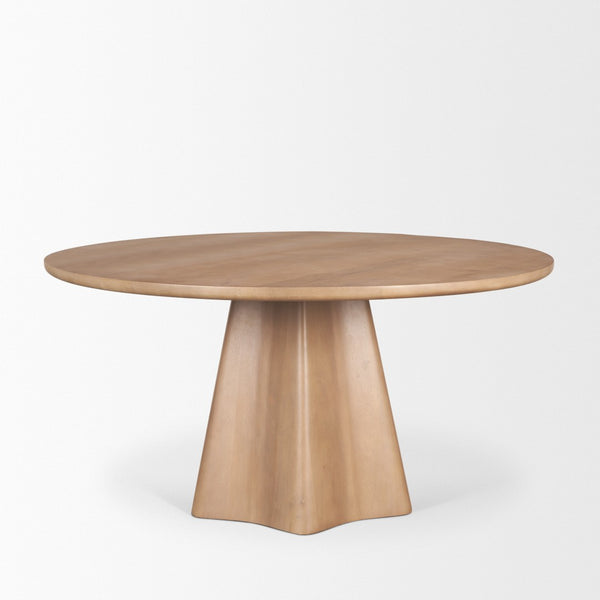 Mercana Jovani Elegant Round Dining Table in Solid Mango Wood with Sculptural Pedestal for Stunning Spaces 60" Lt Brown Wood Top | Lt Brown Wood Base 71106-AB