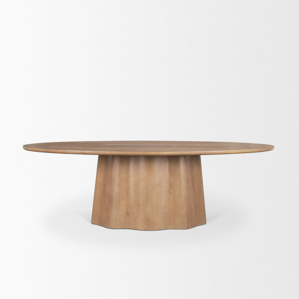 Mercana Jovani Elegant Solid Mango Wood Oval Dining Table with Sculptural Base for Stylish Gatherings 94" Lt Brown Wood Top | Lt Brown Wood Base 71108-AB