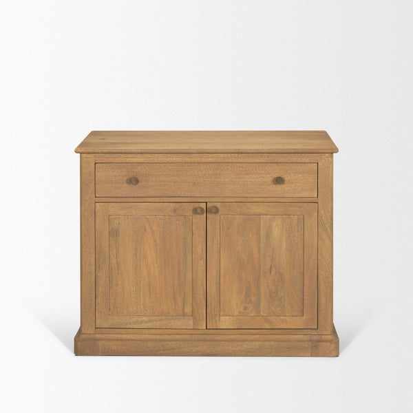 Mercana Baron Solid Mango Wood 2-Door Accent Cabinet with Antique Knobs and Soft-Close Doors for Storage Light Brown | Dark Aged Brass 71121