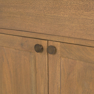 Mercana Baron Solid Mango Wood 2-Door Accent Cabinet with Antique Knobs and Soft-Close Doors for Storage Light Brown | Dark Aged Brass 71121