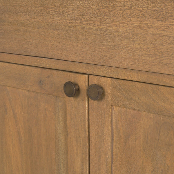 Mercana Baron Solid Mango Wood 2-Door Accent Cabinet with Antique Knobs and Soft-Close Doors for Storage Light Brown | Dark Aged Brass 71121
