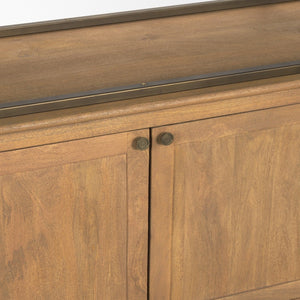 Mercana Baron Industrial Elegance 4-Door Mango Wood Shelving Unit with Gunmetal Accents for Stylish Storage Light Brown | Antiqued Brass | 4 Doors 71115-AB