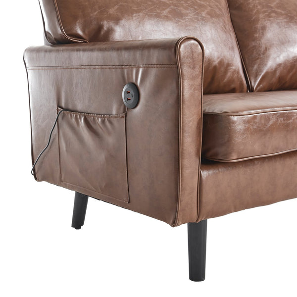 English Elm Loveseat Mid Century Modern Two-Seater Sofa with USB Type-C Charging, Removable Zipper Covers, Durable Wood Legs Brown PU W395P238821