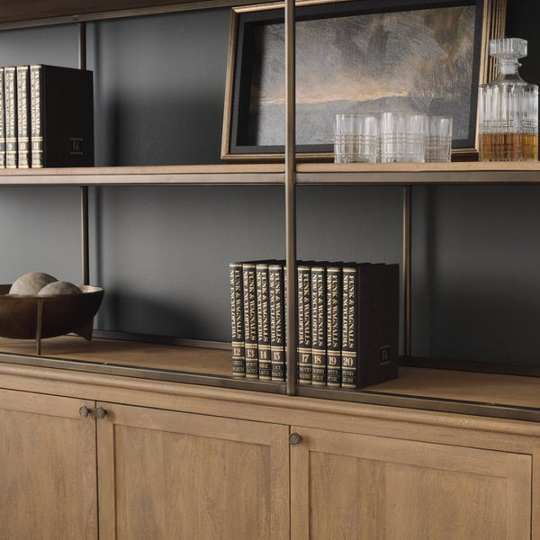 Mercana Baron Industrial Elegance 4-Door Mango Wood Shelving Unit with Gunmetal Accents for Stylish Storage Light Brown | Antiqued Brass | 4 Doors 71115-AB