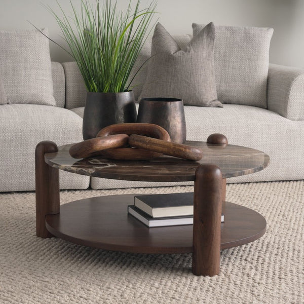 Mercana Jovia Round Coffee Table with Mango Wood Base and Unique Marble Top for Stylish Living Spaces 71122-AB