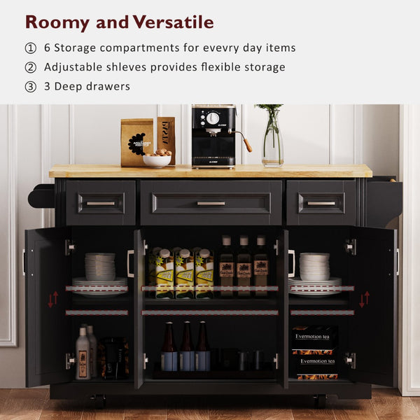 English Elm K&k Farmhouse Rolling Kitchen Island Rubberwood Drop Leaf 3 Drawers 4 Cabinet Doors Black N707S195395B