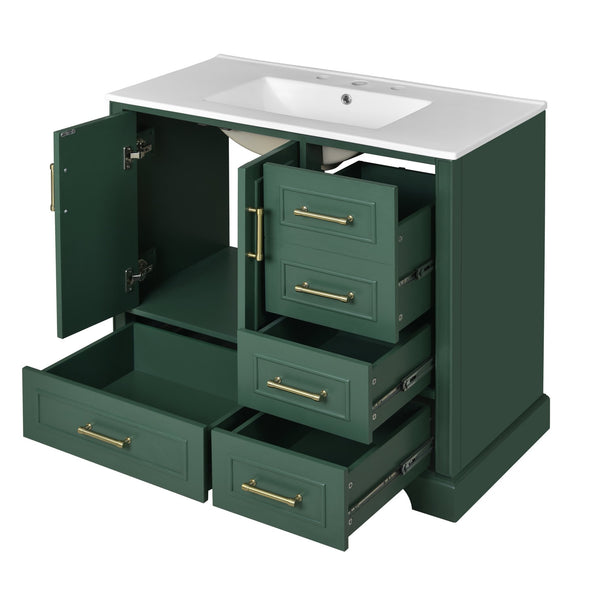 English Elm 36" Traditional Bathroom Vanity with Ceramic Sink, Solid Wood Cabinet, Soft-Close Doors & Drawers Green N729P251630F