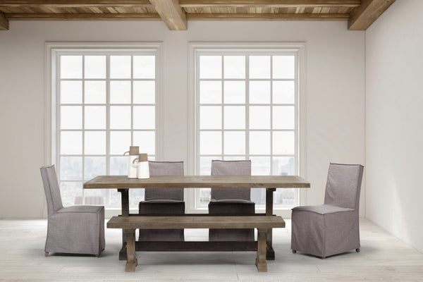 Mercana Elbert Chic Grey Upholstered Dining Chairs with Brown Wooden Base for Modern Farmhouse Style Gray Fabric | Side Chair 68189