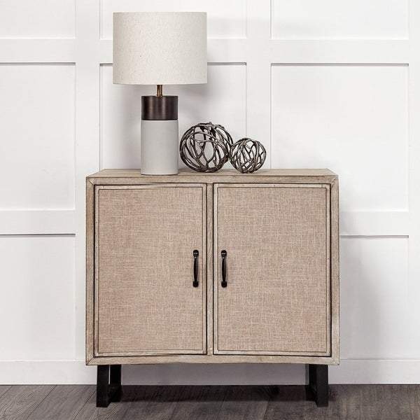 Mercana Bellefontaine Modern Accent Cabinet with Textured Fabric Doors and Minimalist Iron Legs for Stylish Storage 67635