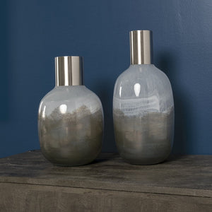 Mercana Onega Elegant Gourd-Style Vase with Gradient Finish and Luxurious Gold-Plated Neck for Décor Blue/Gray Glass | 16H 68045