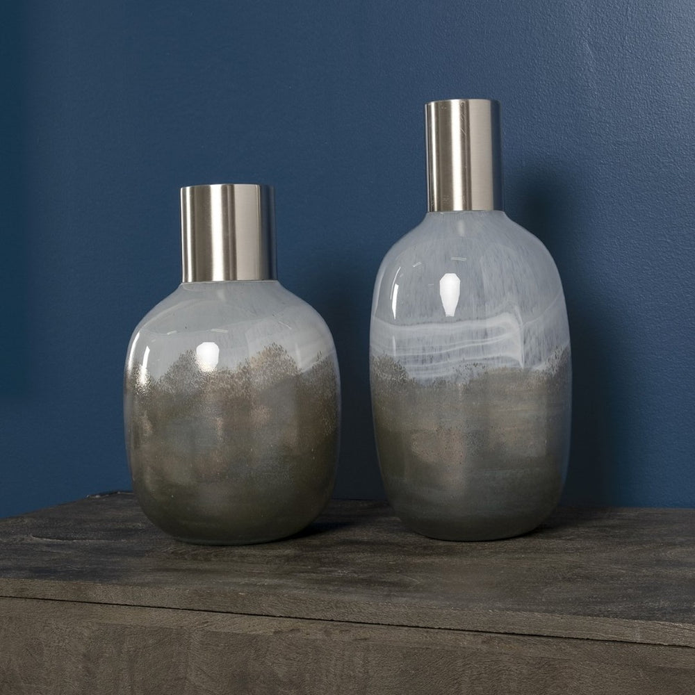 Mercana Onega Elegant Gourd-Style Vase with Gradient Finish and Luxurious Gold-Plated Neck for Décor Blue/Gray Glass | 13H 68044