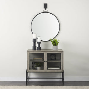 Mercana Arelius Sculptural Accent Cabinet with Glass Doors, Solid Wood & Metal Base for Modern Interiors Gray Wood | Black Metal 69291