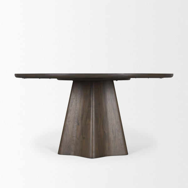 Mercana Jovani Elegant Round Dining Table in Solid Mango Wood with Sculptural Pedestal for Stunning Spaces 60" Dk Brown Wood Top | Dk Brown Wood Base 71107-AB