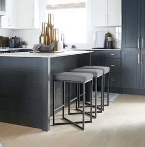 Mercana Frodo Contemporary Counter Stool with Plush Seat and Sturdy Iron Frame for Kitchen and Home Bars Gray Fabric | Black Iron | Counter 69574