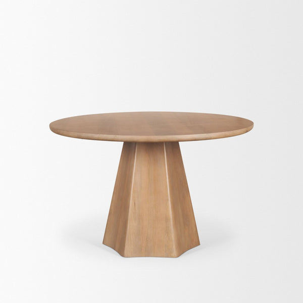 Mercana Jovani Elegant Round Dining Table in Solid Mango Wood with Sculptural Pedestal for Stunning Spaces 48" Lt Brown Wood Top | Lt Brown Wood Base 71105-AB