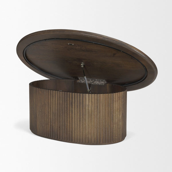Mercana Terra Elegant Oval Coffee Table with Hydraulic Lift-Top & Fluted Base for Modern Living Rooms Dark Brown Wood 69875