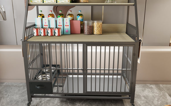 English Elm Large Pet Cage with Iron Frame Mdf Panels Storage Rack and Steel Feeding Basins Beige,Black W3064P245386