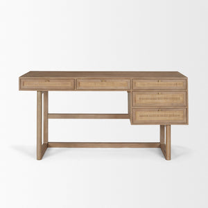 Mercana Grier 60" Solid Mango Wood Office Desk with Elegant Cane Drawer Fronts for Stylish Workspaces Light Brown Wood | Cane Accent 69899