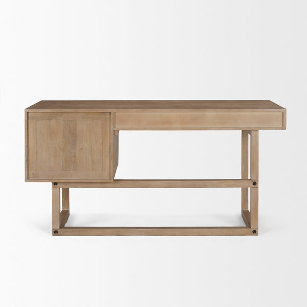 Mercana Grier 60" Solid Mango Wood Office Desk with Elegant Cane Drawer Fronts for Stylish Workspaces Light Brown Wood | Cane Accent 69899