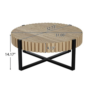 English Elm Round Gear Motif Drum Coffee Table Walnut Mdf Top Iron Base Compact Living Room Accent N770P372354N