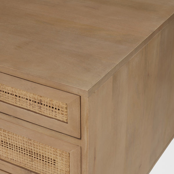 Mercana Grier 60" Solid Mango Wood Office Desk with Elegant Cane Drawer Fronts for Stylish Workspaces Light Brown Wood | Cane Accent 69899