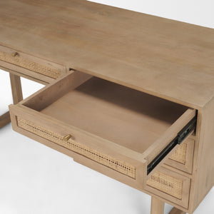Mercana Grier 60" Solid Mango Wood Office Desk with Elegant Cane Drawer Fronts for Stylish Workspaces Light Brown Wood | Cane Accent 69899