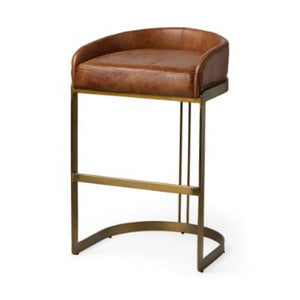 Mercana Hollyfield Low-Back Leather Stool with Antique Gold Frame - Modern Industrial Elegance for Your Home VN Brown Leather | Gold Metal | Bar 68574V