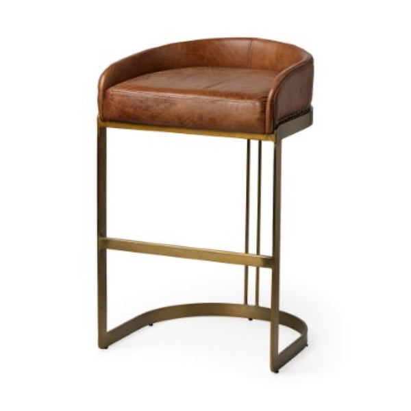 Mercana Hollyfield Low-Back Leather Stool with Antique Gold Frame - Modern Industrial Elegance for Your Home VN Brown Leather | Gold Metal | Bar 68574V