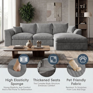 English Elm Modular Cloud Sectional Corduroy Sofa with Reversible Chaise and Memory Foam Comfort Grey W5638S00006