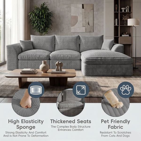 English Elm Modular Cloud Sectional Corduroy Sofa with Reversible Chaise and Memory Foam Comfort Grey W5638S00006