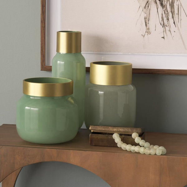 Mercana Minty Stylish Glass Vase with Matte Gold Neck Cuff - Elegant Centerpiece for Modern Decor & Florals Green Glass | 17H 69553