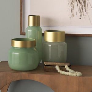 Mercana Minty Stylish Glass Vase with Matte Gold Neck Cuff - Elegant Centerpiece for Modern Decor & Florals Green Glass | 10H 69551